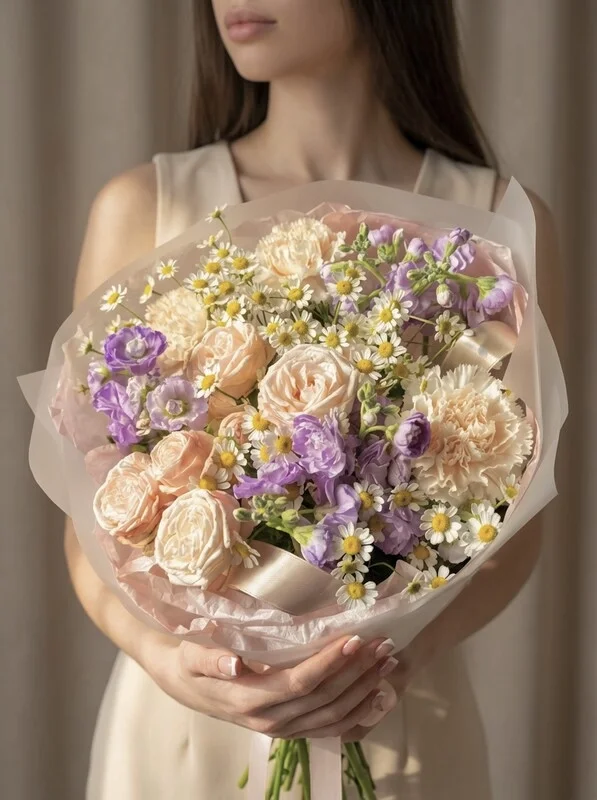 Букет «Весенний день» из кустовой розы и маттиолы