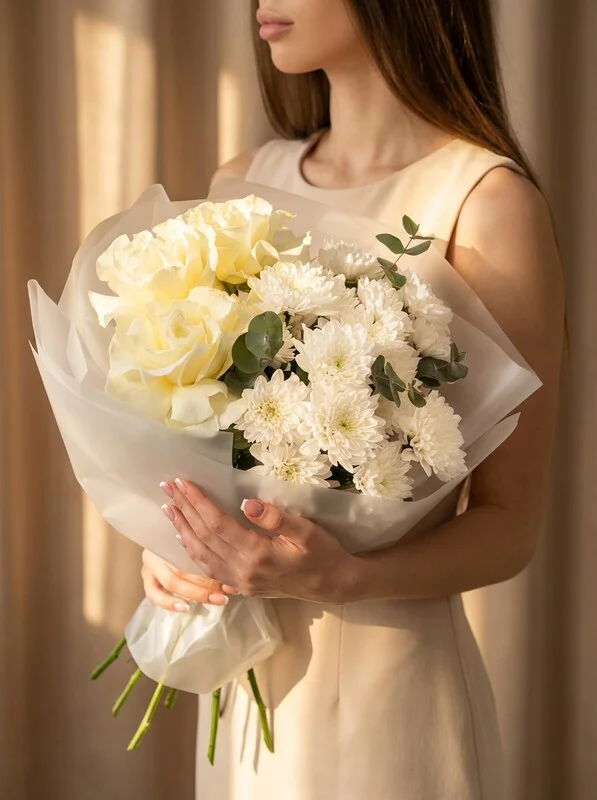 Букет цветов «Белоснежка» из хризантем и французской розы