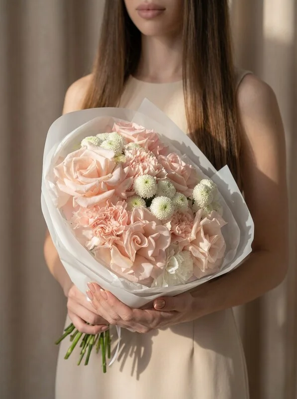 Нежный букет цветов «Настроение» из роз и хризантемы