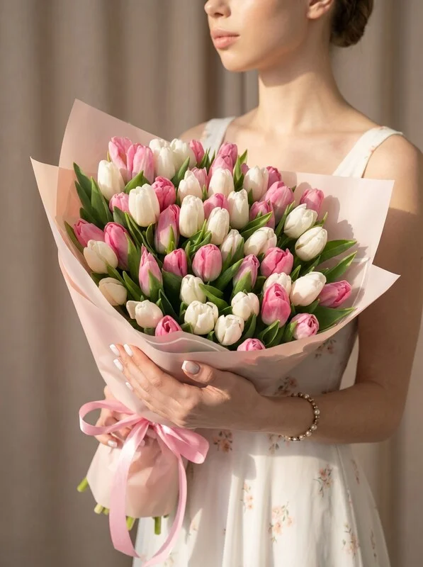 Букет цветов «Восхищение» из белых и розовых тюльпанов 