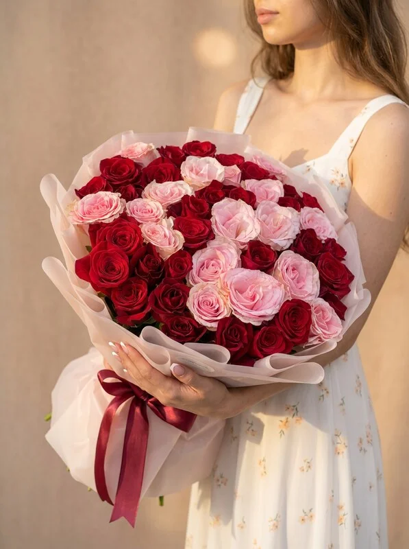 Букет из розовых и красных роз «Амур»