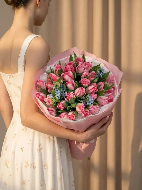 Букет цветов «Весна» из пионовидных бело-розовых тюльпанов, 31 шт