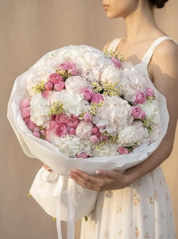 Букет цветов «Рассвет в Париже» из гортензий, кустовых роз и ромашки