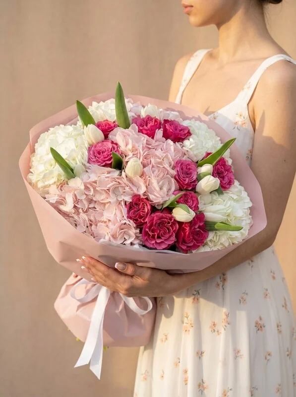 Букет из гортензий, розы и тюльпанов «Малиновый закат»