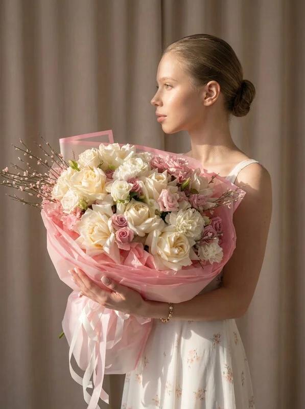 Светлый букет «Для тебя» из роз и диантусов