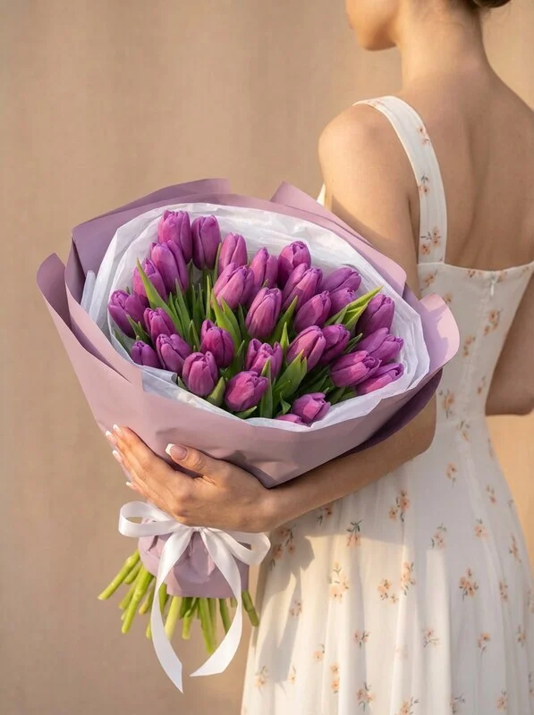 Букет из сиреневых тюльпанов, 29 шт
